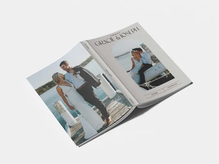 Wedding Magazine Cover Modern Arch featuring arches and curves throughout the magazine cover and page layout design. Flat lay of magazine cover.
