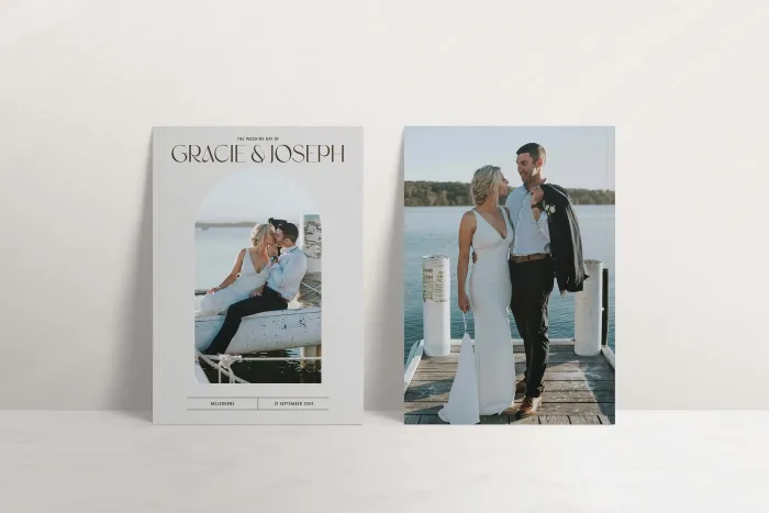 Wedding Magazine Cover Modern Arch featuring arches and curves throughout the magazine cover and page layout design. Front & Back Cover Design