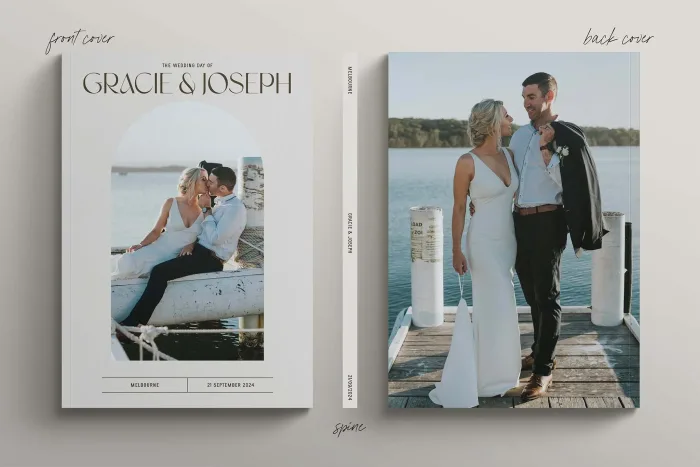 Wedding Magazine Cover Modern Arch featuring arches and curves throughout the magazine cover and page layout design. Front Cover, Spine & Back Cover.