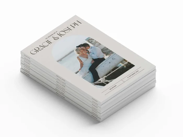 Wedding Magazine Cover Modern Arch featuring arches and curves throughout the magazine cover and page layout design. Stack of magazines. Bundle discounts.